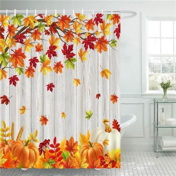 Fall Shower Curtain,Thanksgiving Pumpkin & Maple Leaves, Rustic Farmhouse 72x72" - Picture 1 of 6